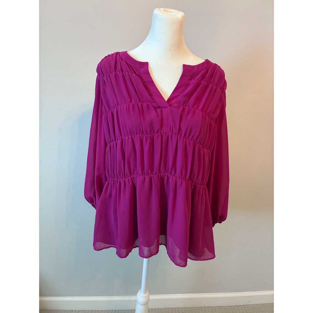 Trina Turk Magenta Smocked Chiffon Blouse Split V-Neck Barbiecore Top Medium